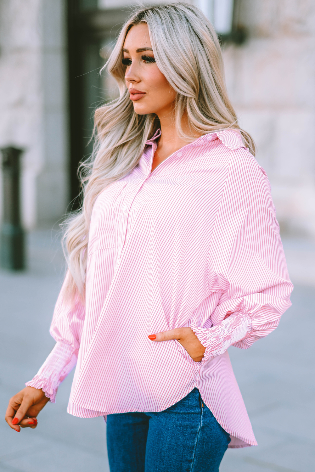 Red Stripe Smocked Cuffed Striped Boyfriend Shirt with Pocket - loveforevers