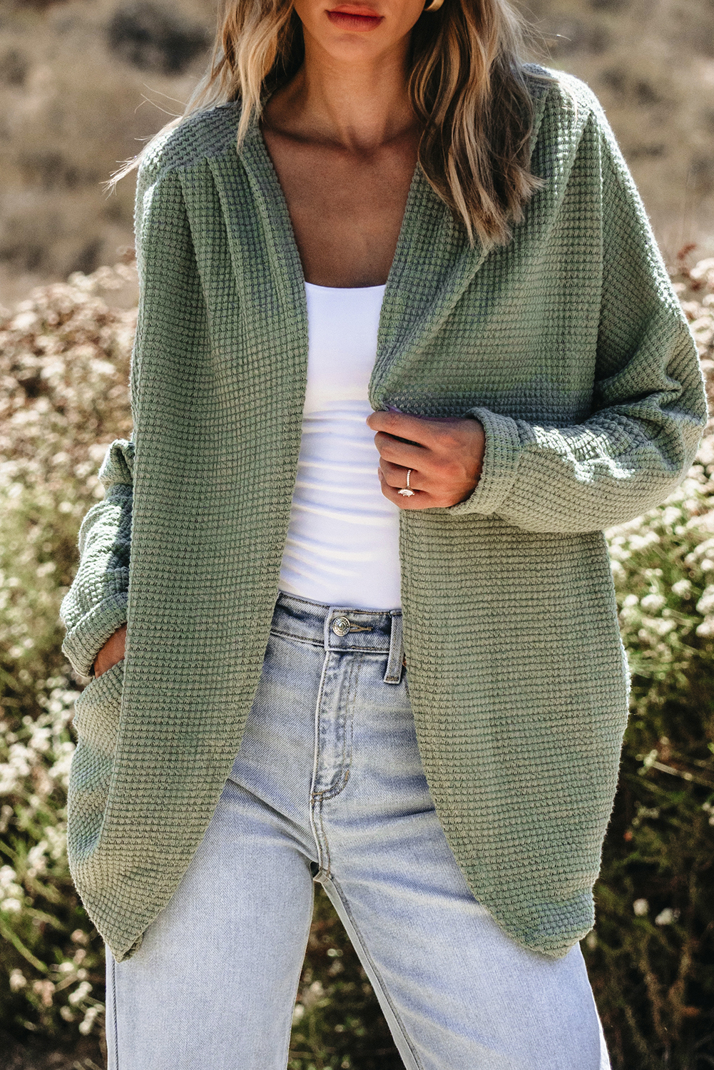 Laurel Green Waffle Knit Open Front Cardigan - loveforevers