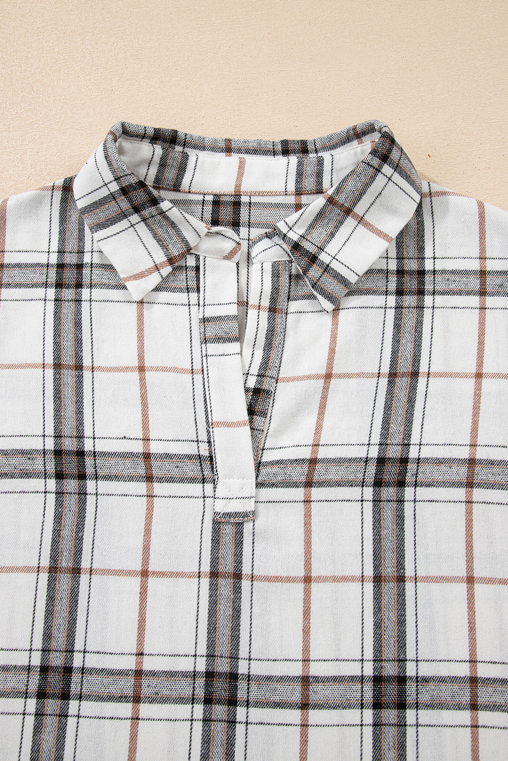 Red Plaid Print Collared V Neck Loose Blouse with Side Slits - loveforevers