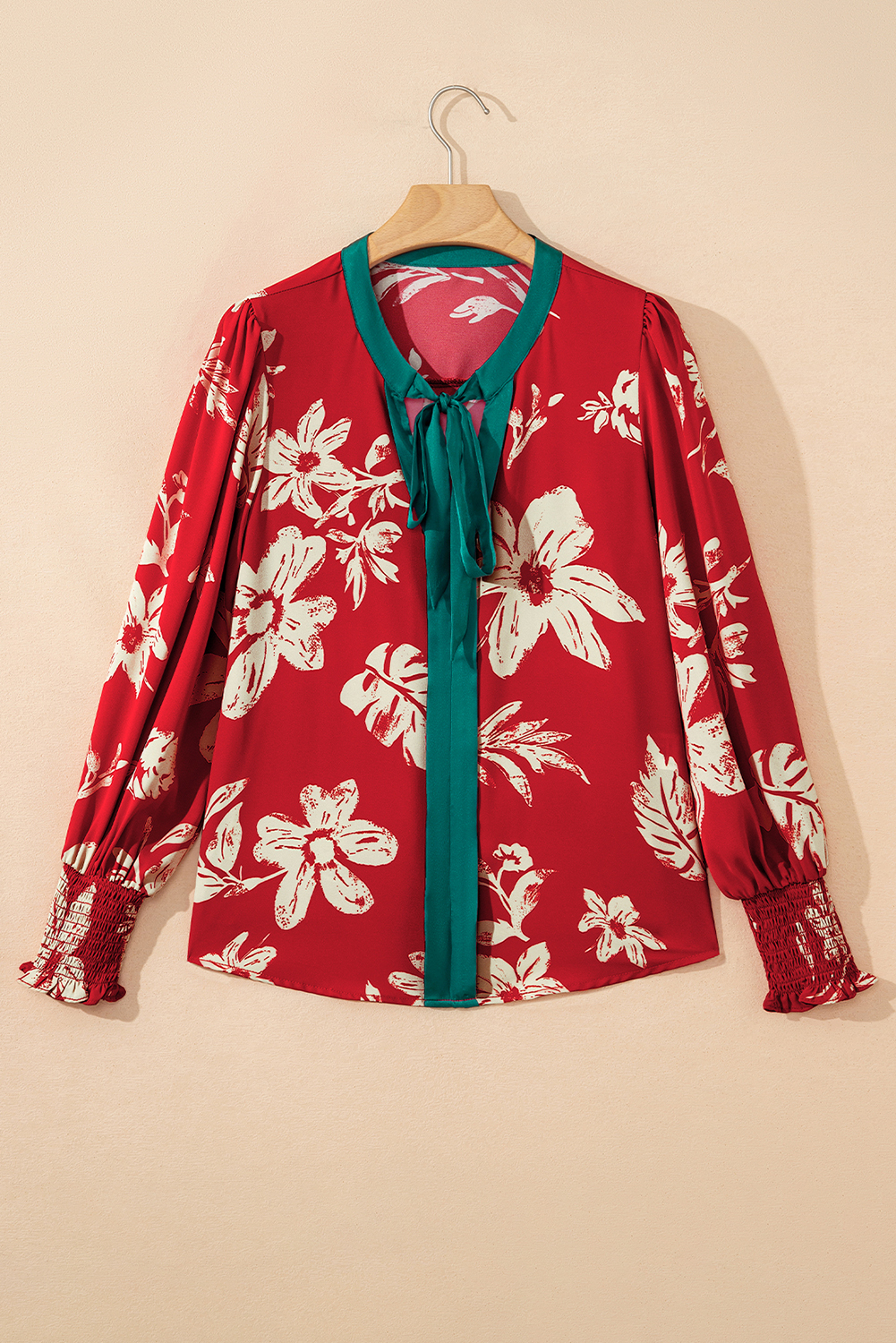Red Contrast Tied Neck Shirred Puff Sleeve Flower Blouse - loveforevers