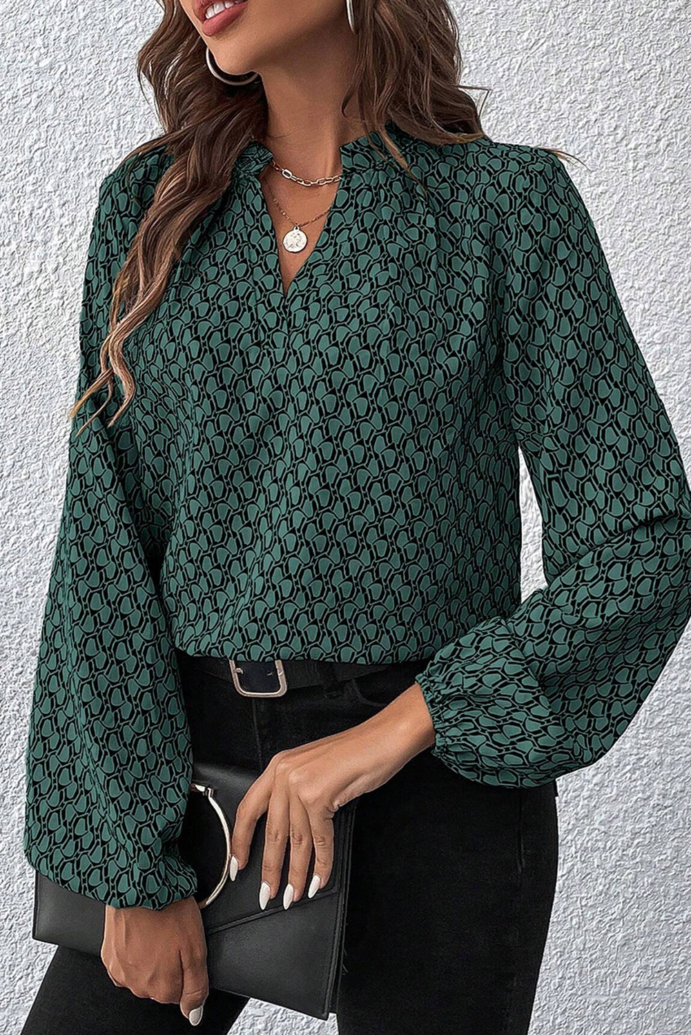 Green Geometric Print Notched Neck Puff Sleeve Blouse - loveforevers