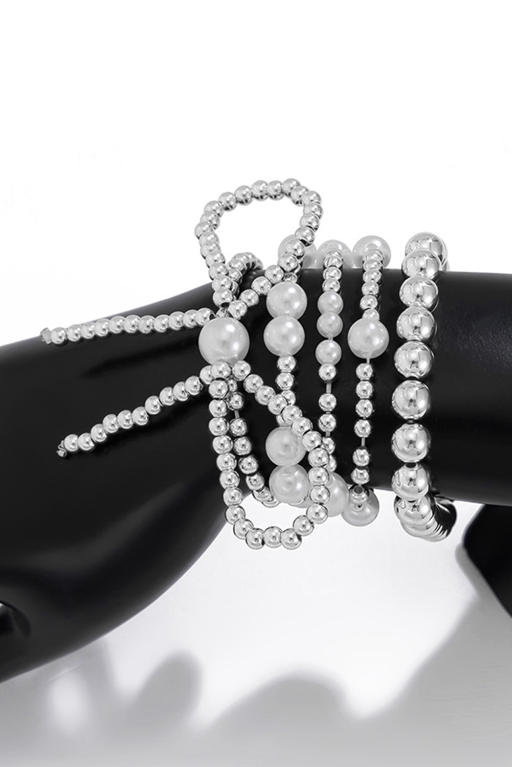 Silvery Bow Knot Pearl Beaded Multi Layered Bracelet Set - loveforevers