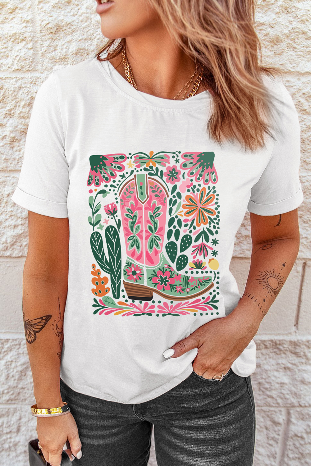 White Western Boot Flower Print Crew Neck Loose Tee - loveforevers