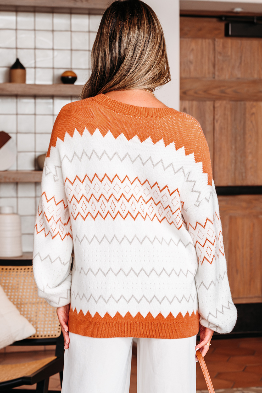 Khaki Zigzag Geometric Pattern Knitted Pullover Sweater - loveforevers