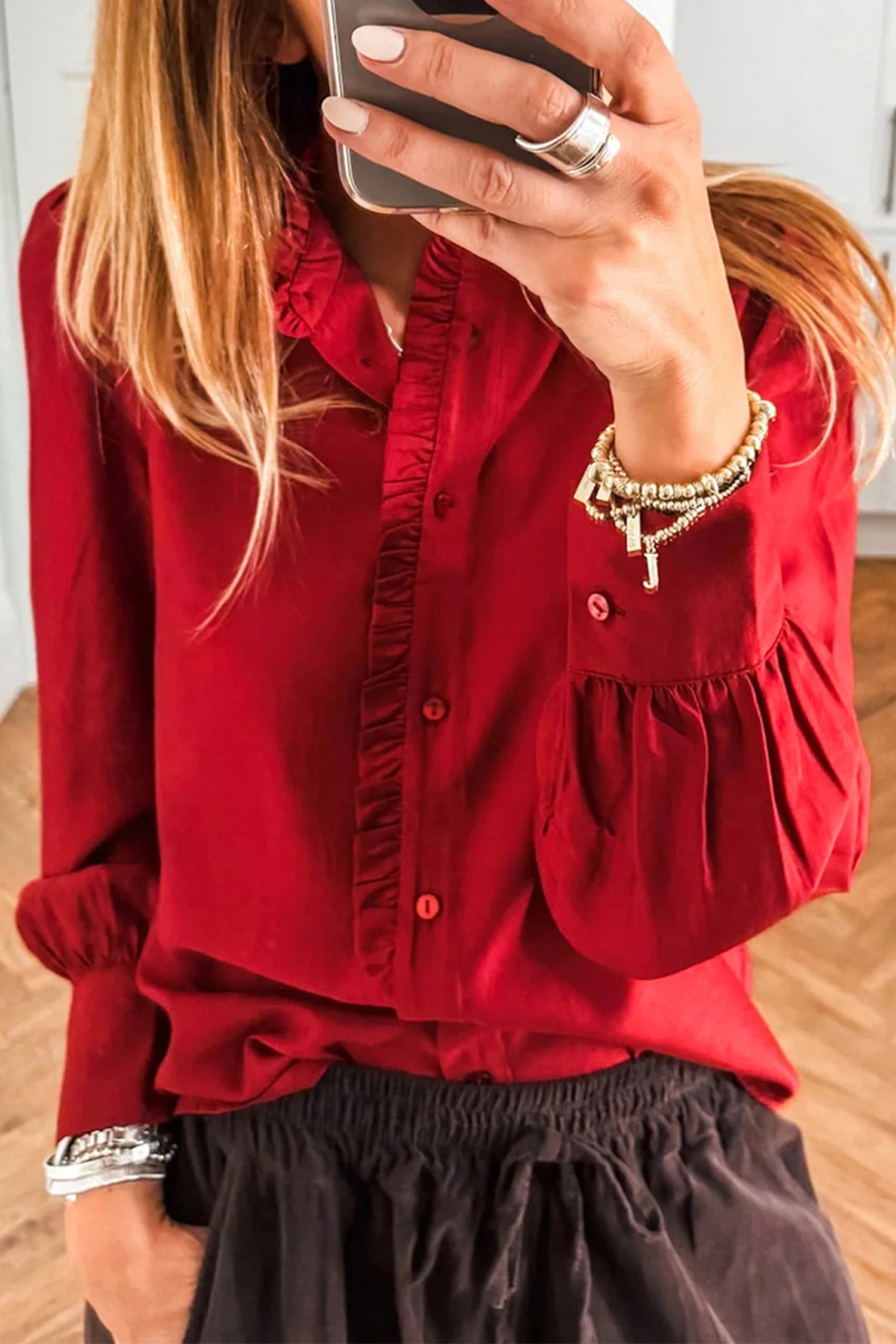 Fiery Red Frilled Trim Button Up Pleated Long Sleeve Shirt - loveforevers