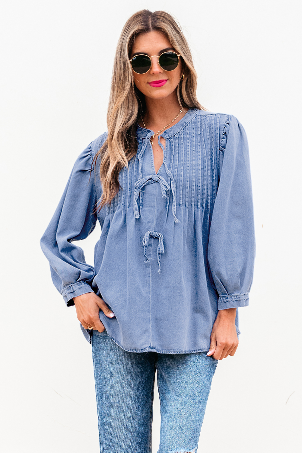 Myosotis Denim Front Pintuck Bow Tie Puff Sleeve Top - loveforevers
