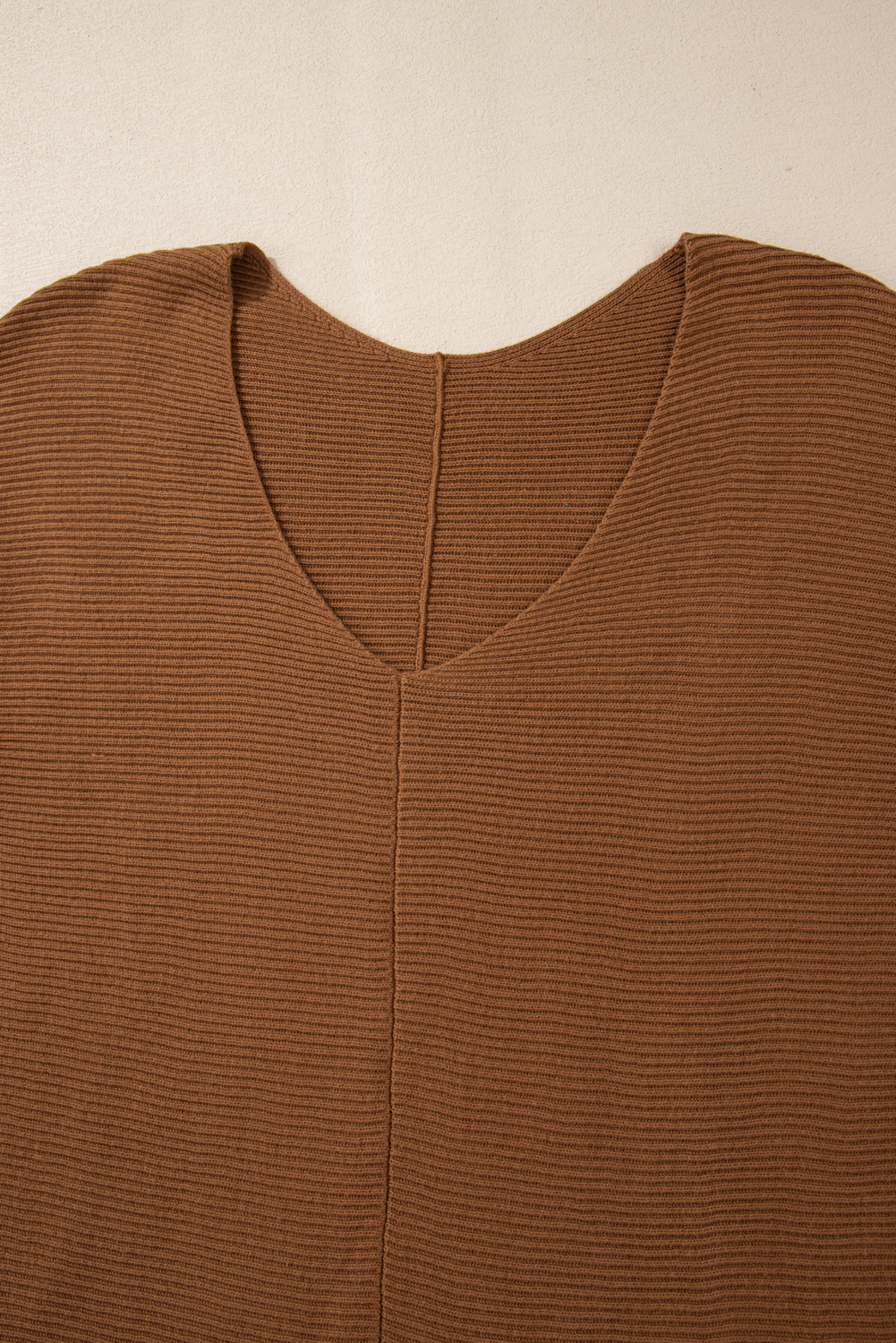 Camel Ribbed Knit Drop Sleeve V Neck Loose Fit Sweater - loveforevers