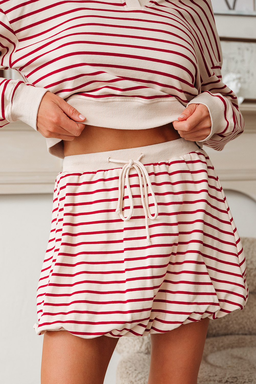 Red Stripe Cropped Collared Drop Shoulder Pullover and Bubble Mini Skirt Set - loveforevers