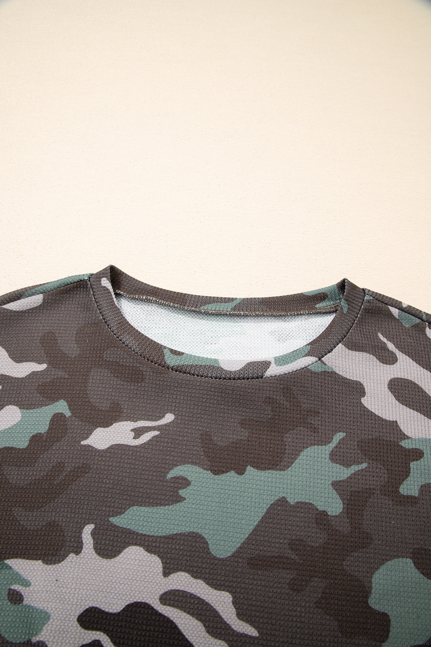 Green Camouflage Print Textured Drop Shoulder Long Sleeve Top - loveforevers