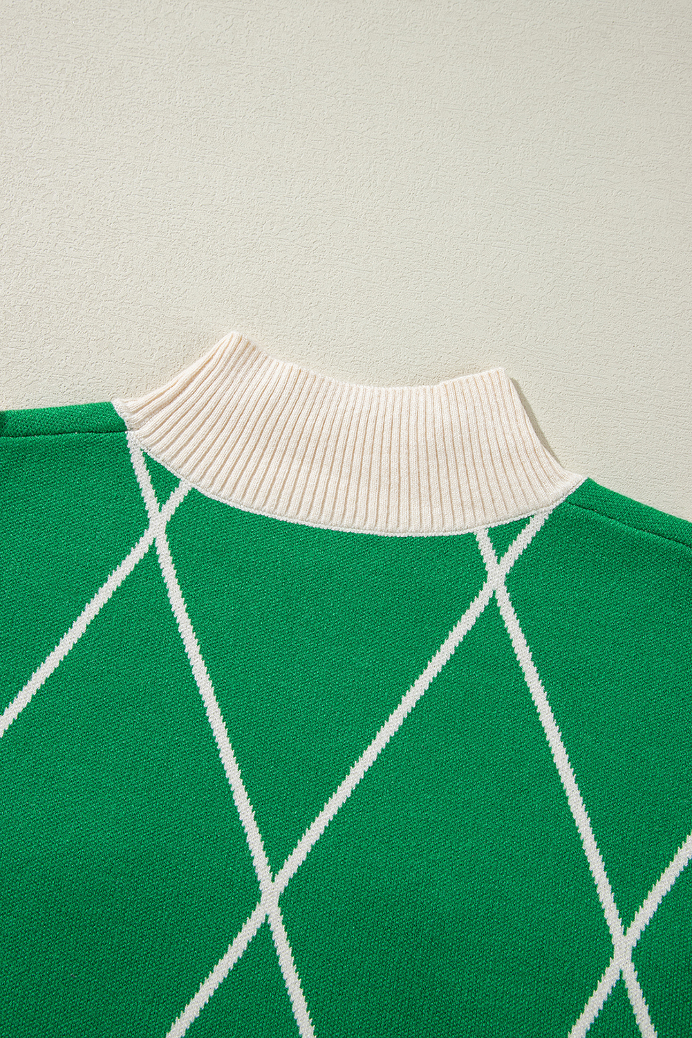 Dark Green Diamond Pattern Pom Accents Contrast Trim High Neck Sweater - loveforevers