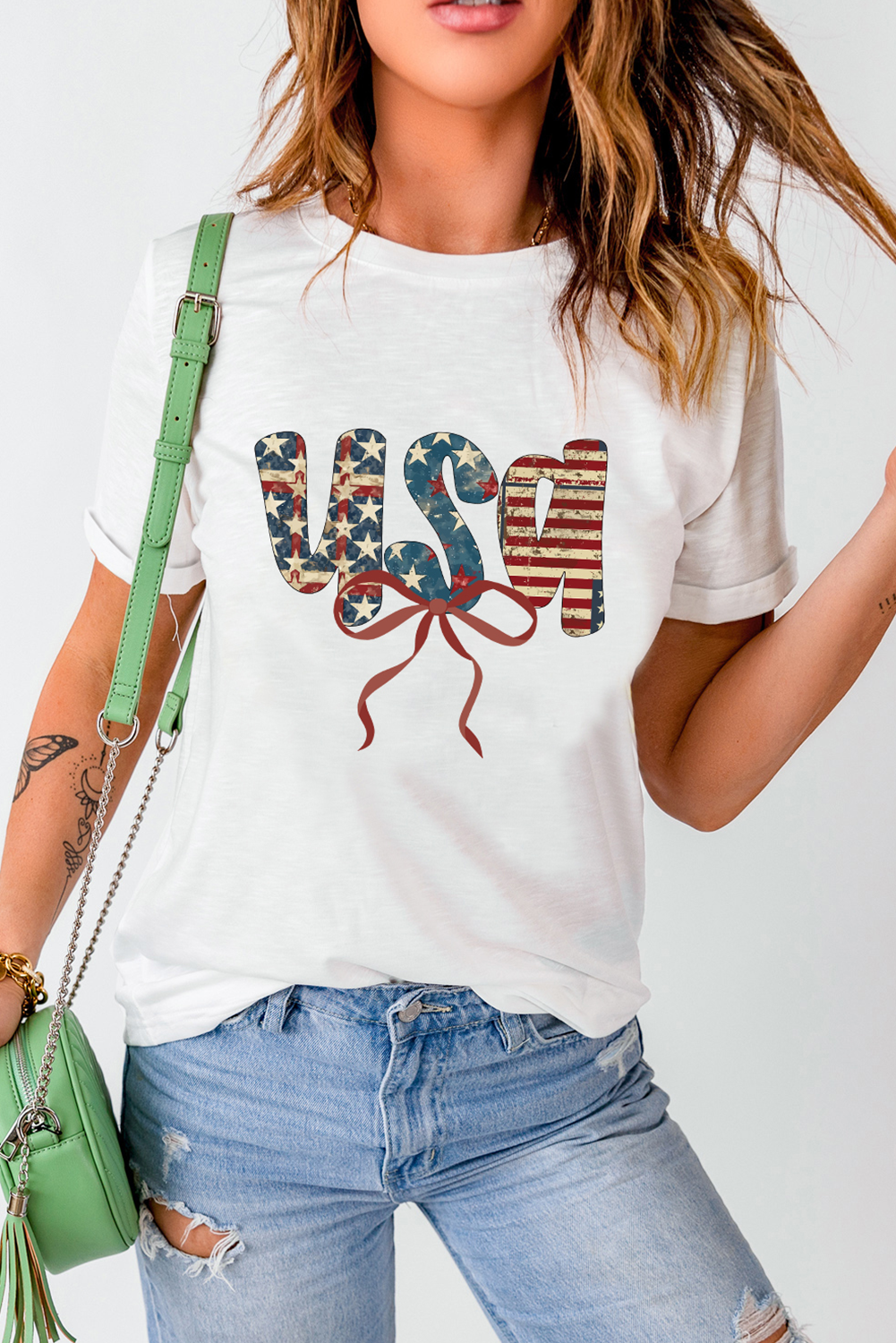 White usa Bow Letter Graphic Independence Day Fashion Tee - loveforevers
