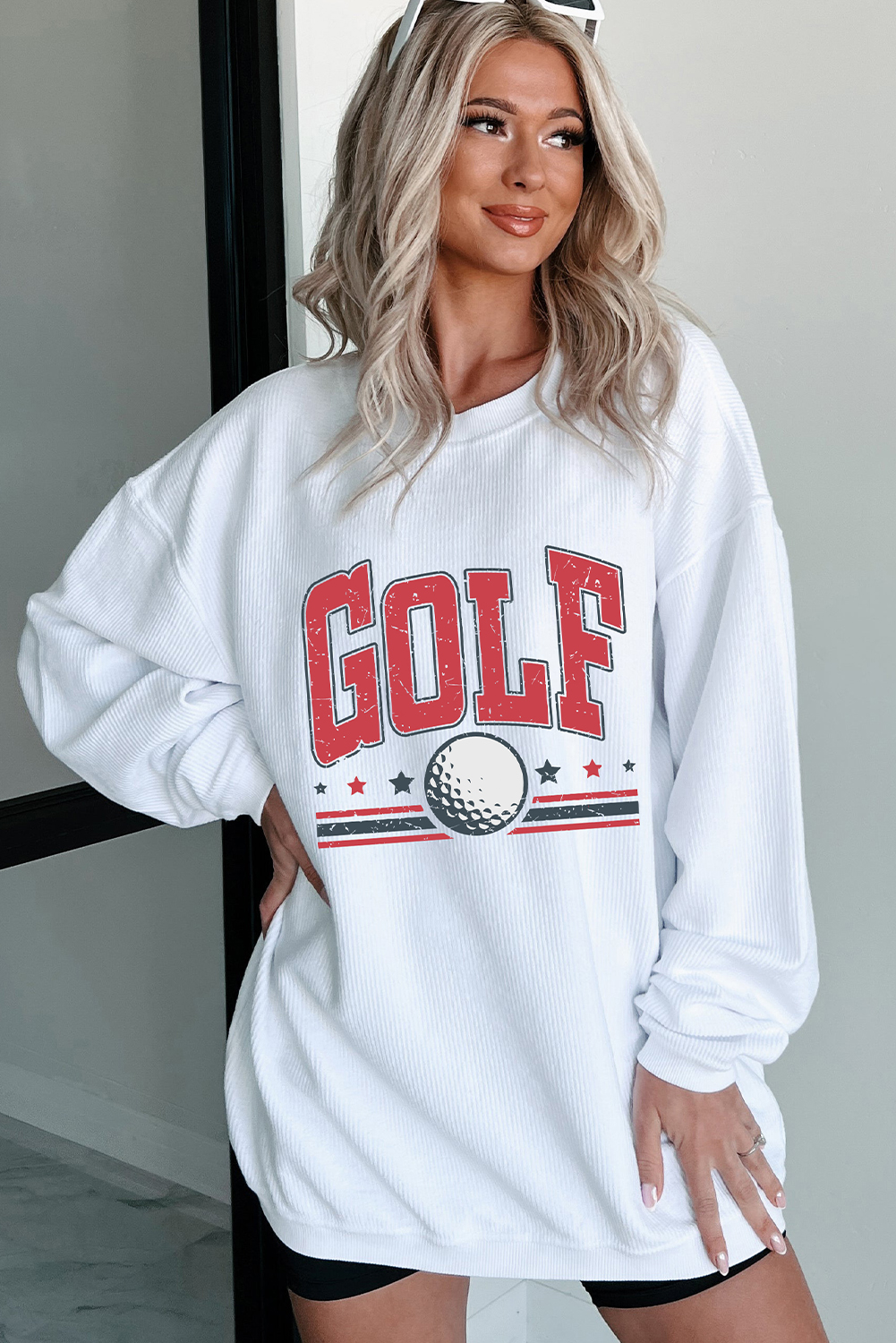 White GOLF Ball Print Ribbed Drop Shoulder Baggy Sweatshirt - loveforevers