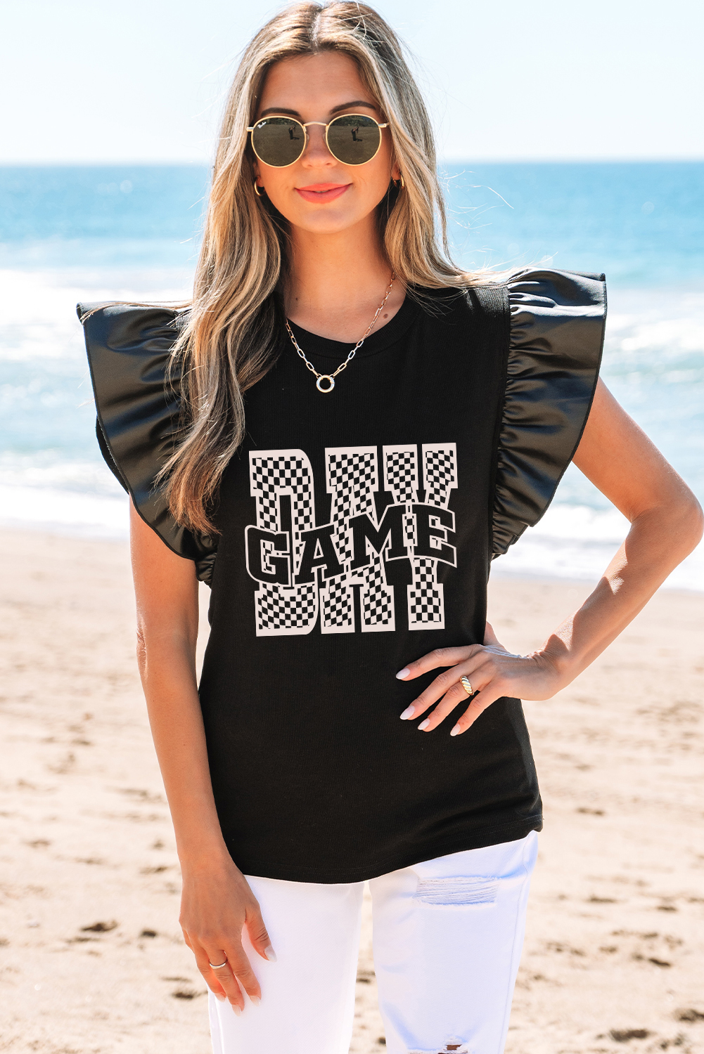 Black GAME DAY Checkered Letter Graphic Leatherette Ruffle Sleeve Top - loveforevers
