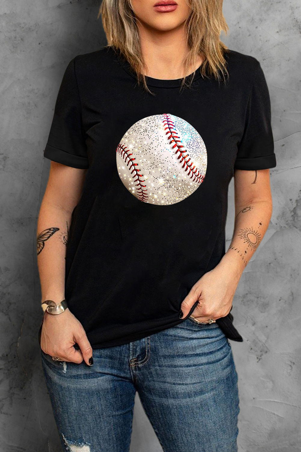 Black Heat Transfer Baseball Print Cotton Blend T Shirt - loveforevers