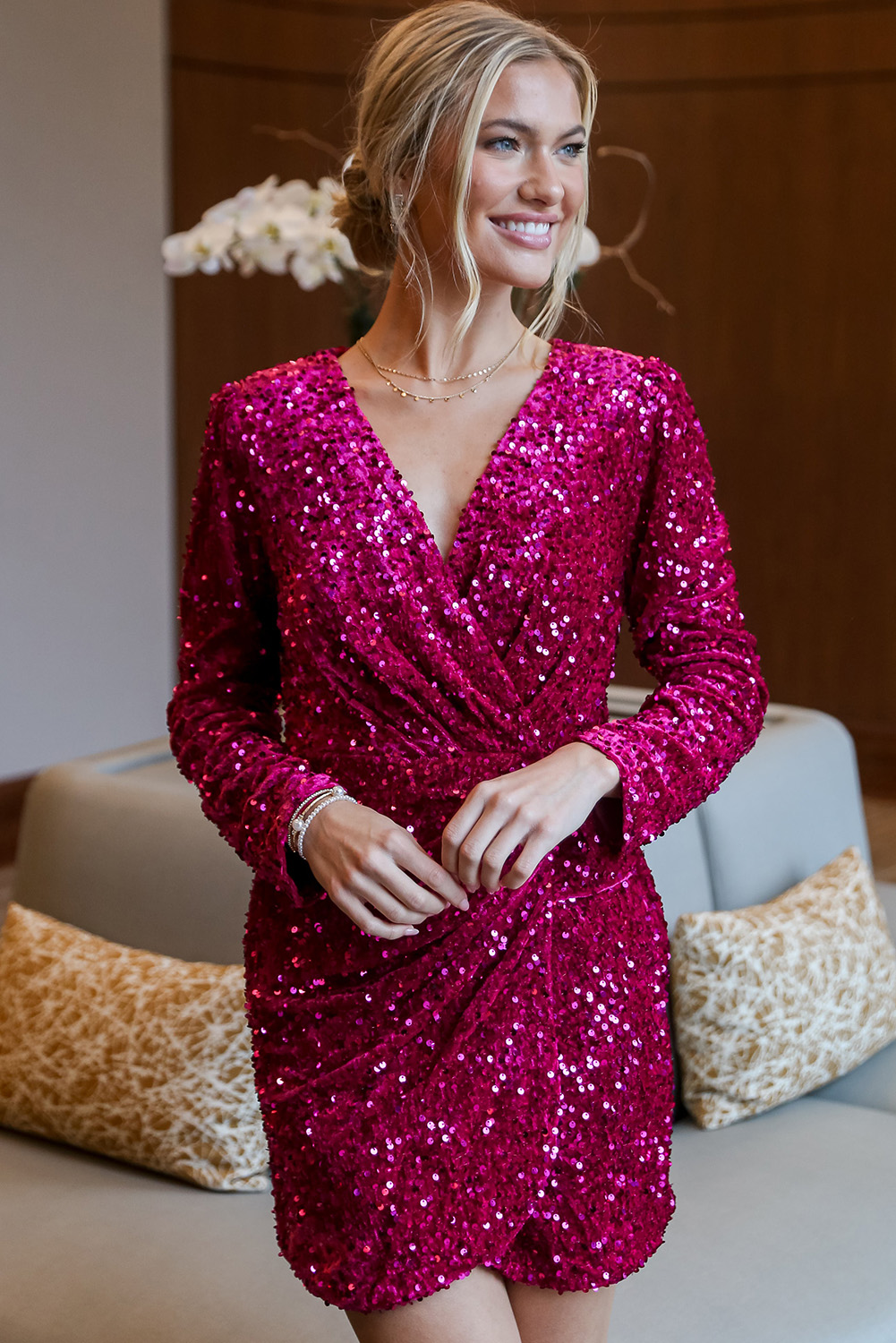 Pitaya Pink Velvet Sequin Long Sleeve V Neck Wrapped Mini Dress - loveforevers