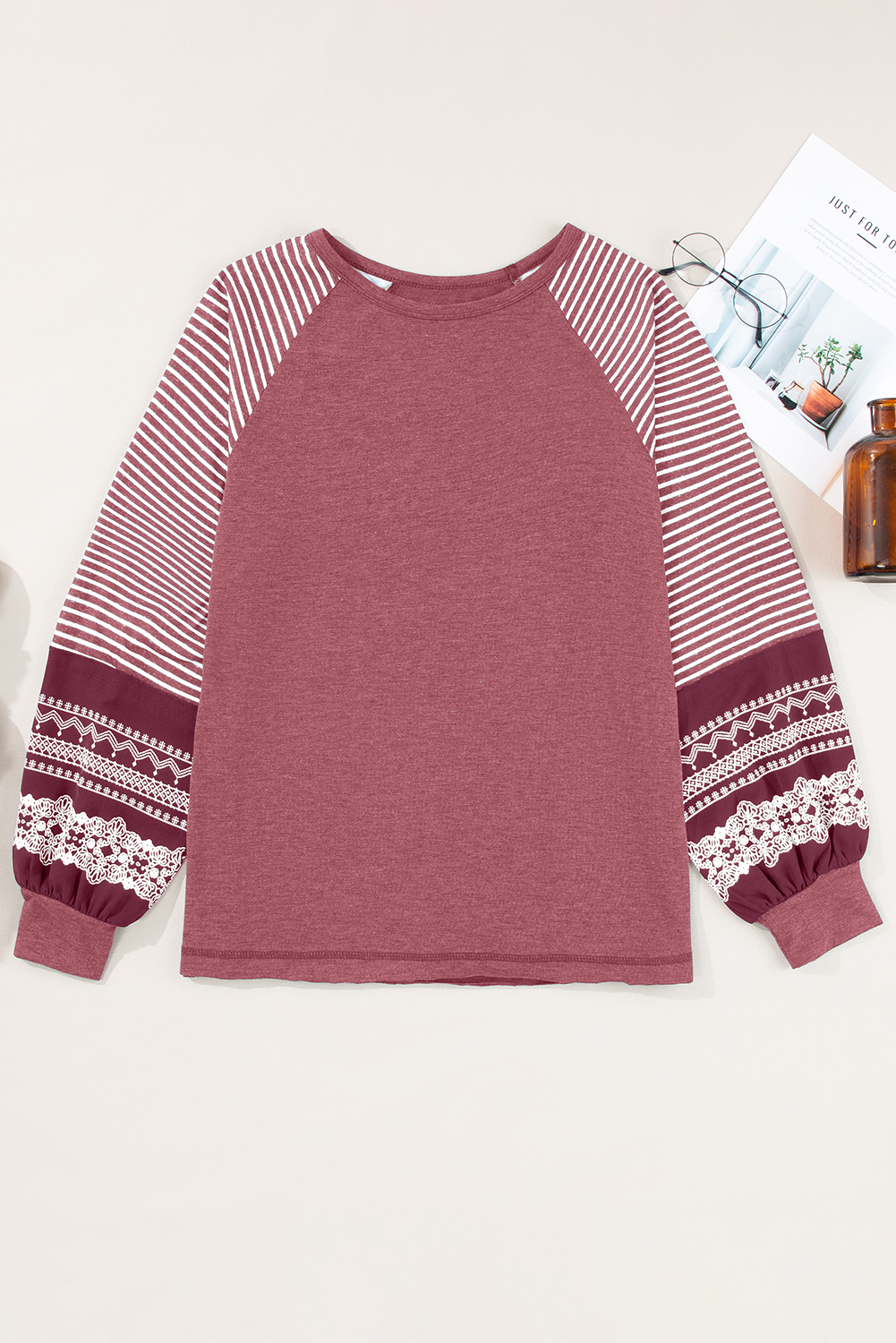 Tillandsia Purple Contrast Print Striped Raglan Long Sleeve Loose Top - loveforevers