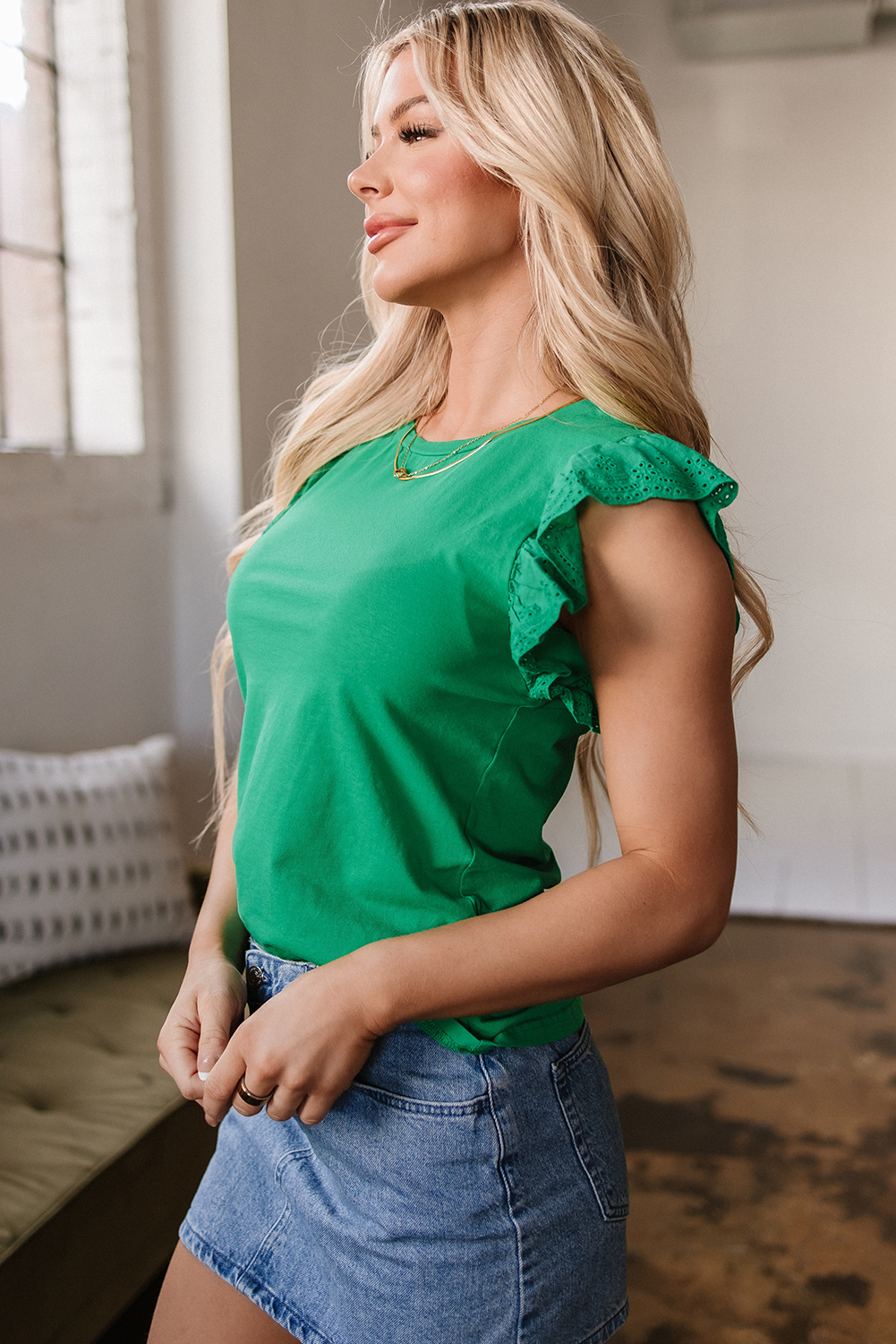 Dark Green Embroidered Ruffled Sleeve Slim Fit Crew Neck Top - loveforevers