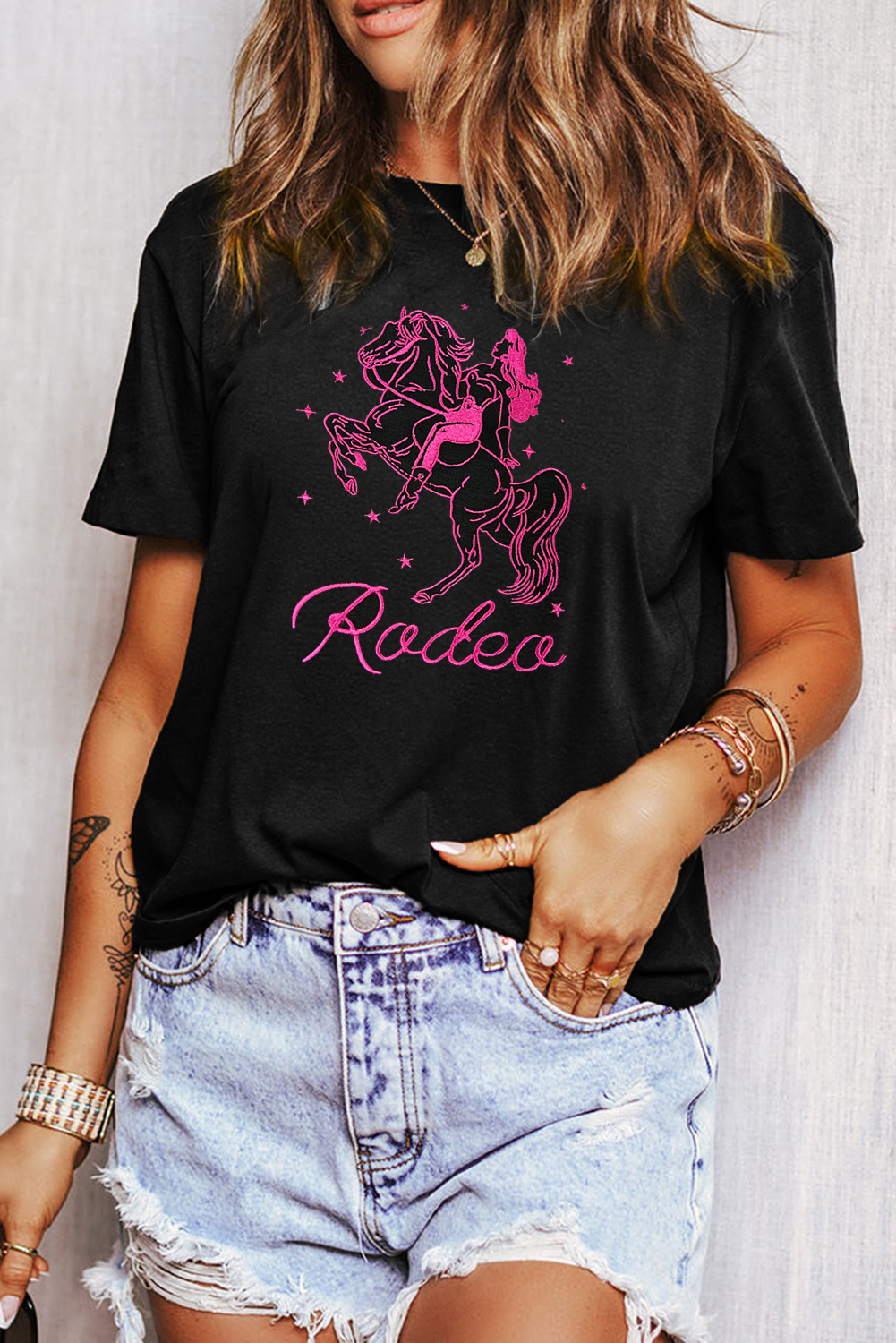 Black Cowgirl Rodeo Embroidered Pattern Western Fashion Tee - loveforevers