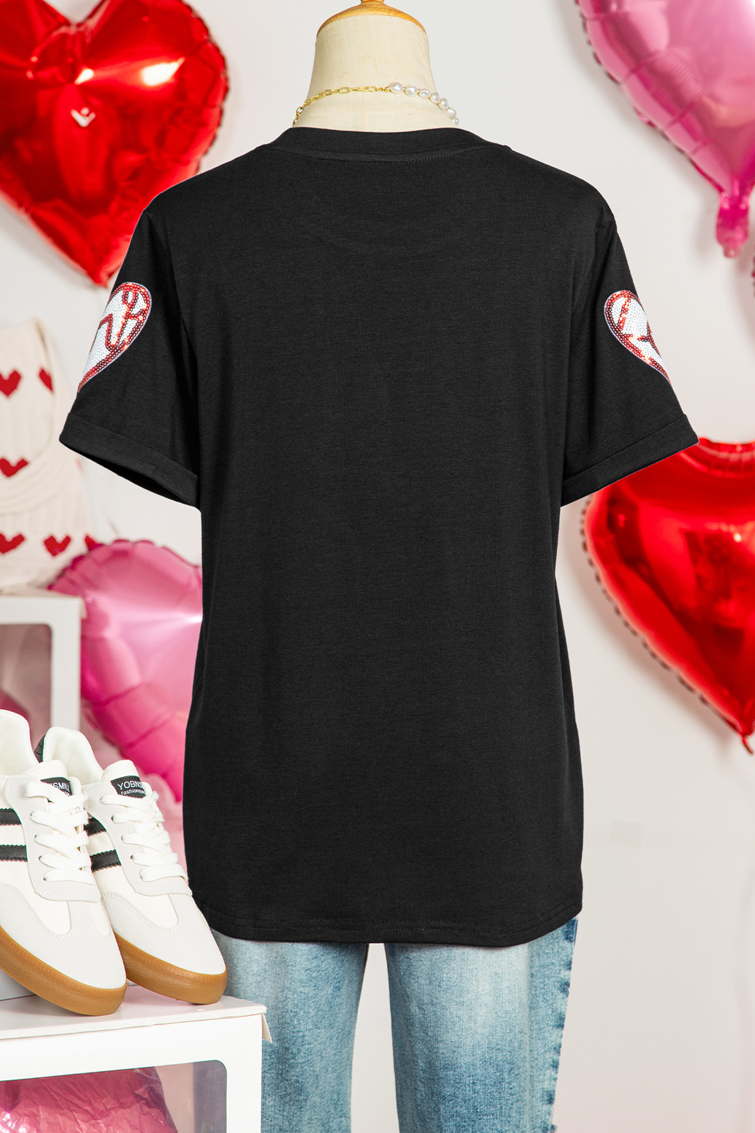 Black Sequin Heart Patched Valentines Day Fashion Graphic Tee - loveforevers