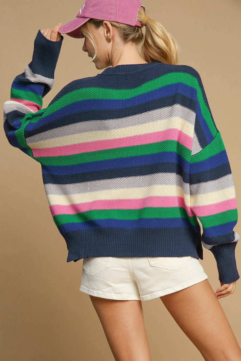 Bright Green Rainbow Striped Crew Neck Drop Shoulder Sweater - loveforevers