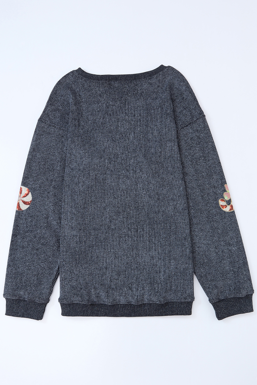 Gray Twisted Rib Christmas Santa Sequin Graphic Drop Shoulder Sweatshirt - loveforevers