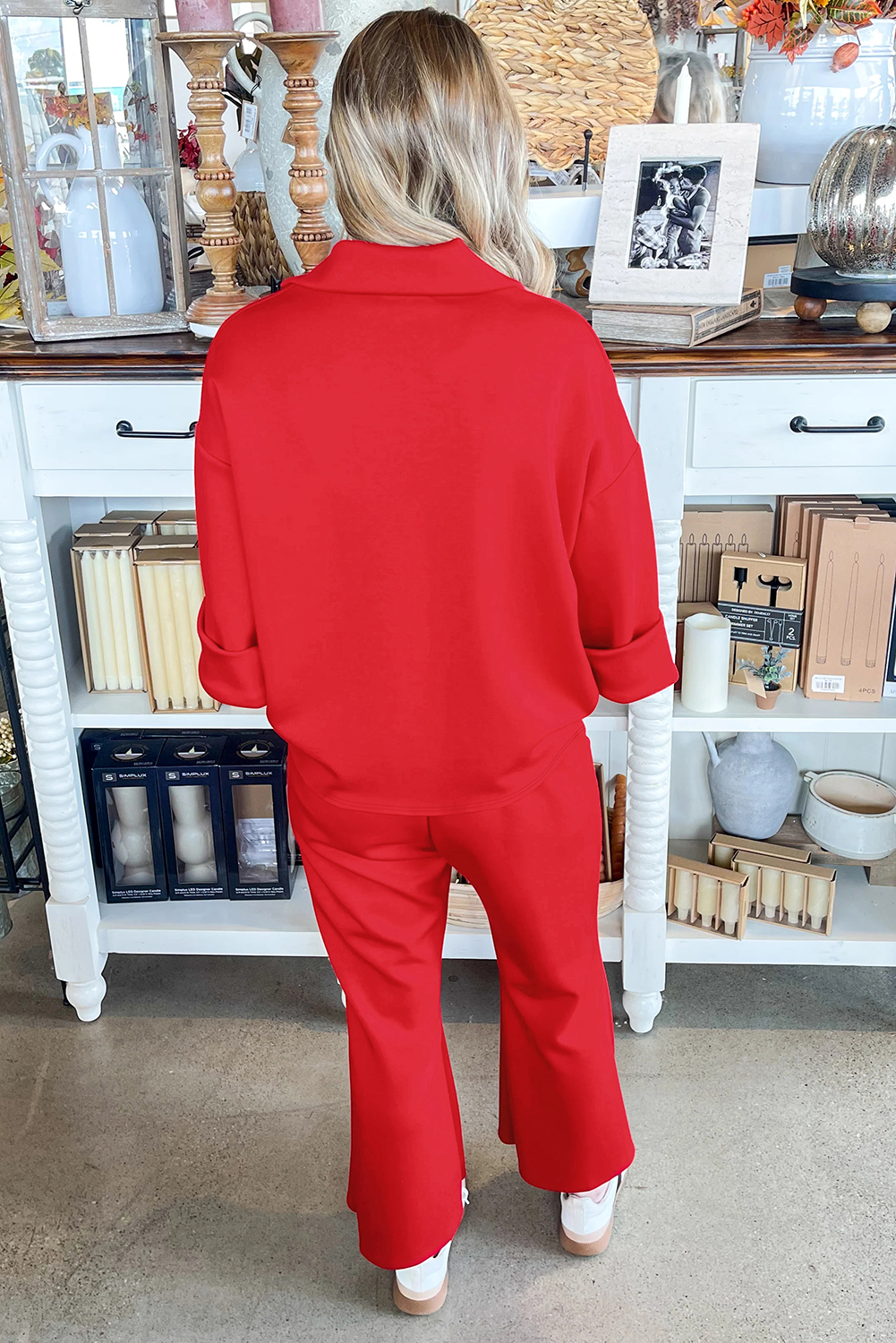 Fiery Red Polo Collar V Neck 3/4 Sleeve Pullover Drawstring Bell Bottom Pants 2pcs Set - loveforevers