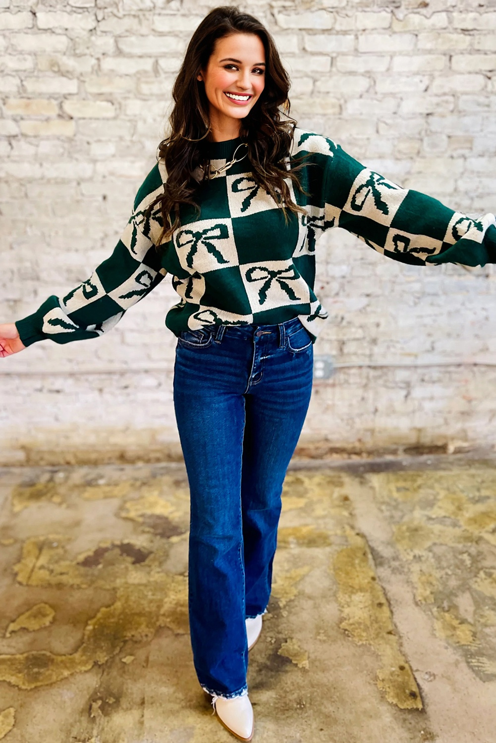 Blackish Green Checkered Bow Print Casual Sweater - loveforevers