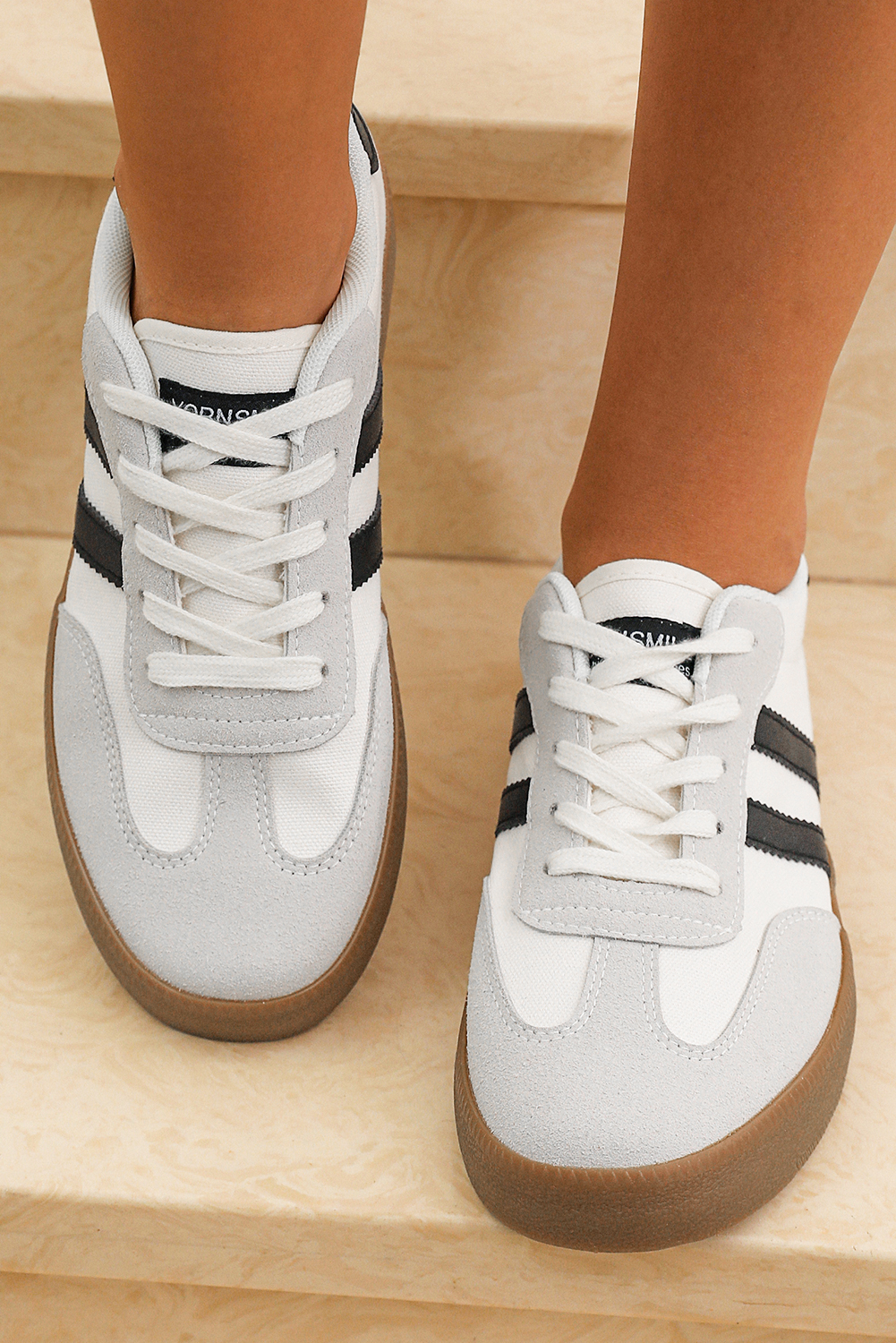 White Striped Lace-up Flat Sneakers - loveforevers