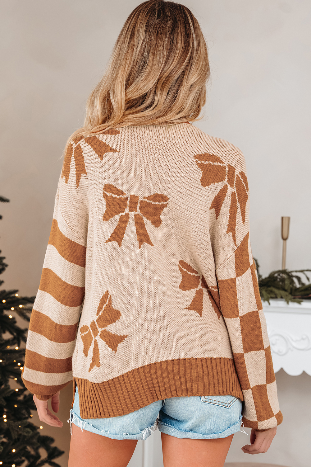 Straw Yellow Ribbon Bow Print Checkered Striped Sleeve Drop Shoulder Sweater - loveforevers