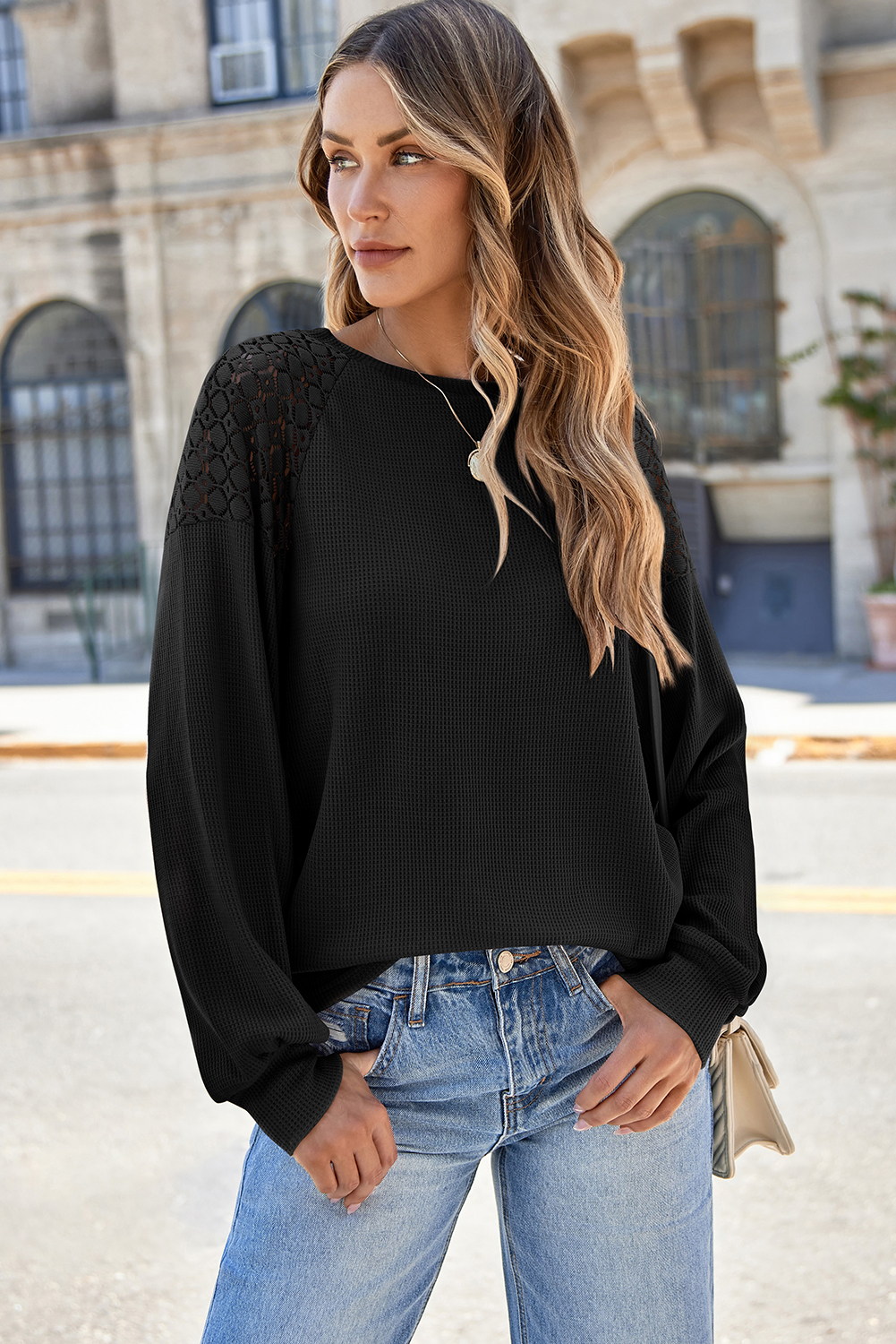White Lace Long Sleeve Textured Pullover - loveforevers