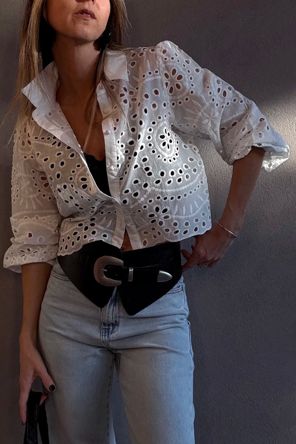White Eyelet Embroidered Puff Sleeve Crop Shirt - loveforevers