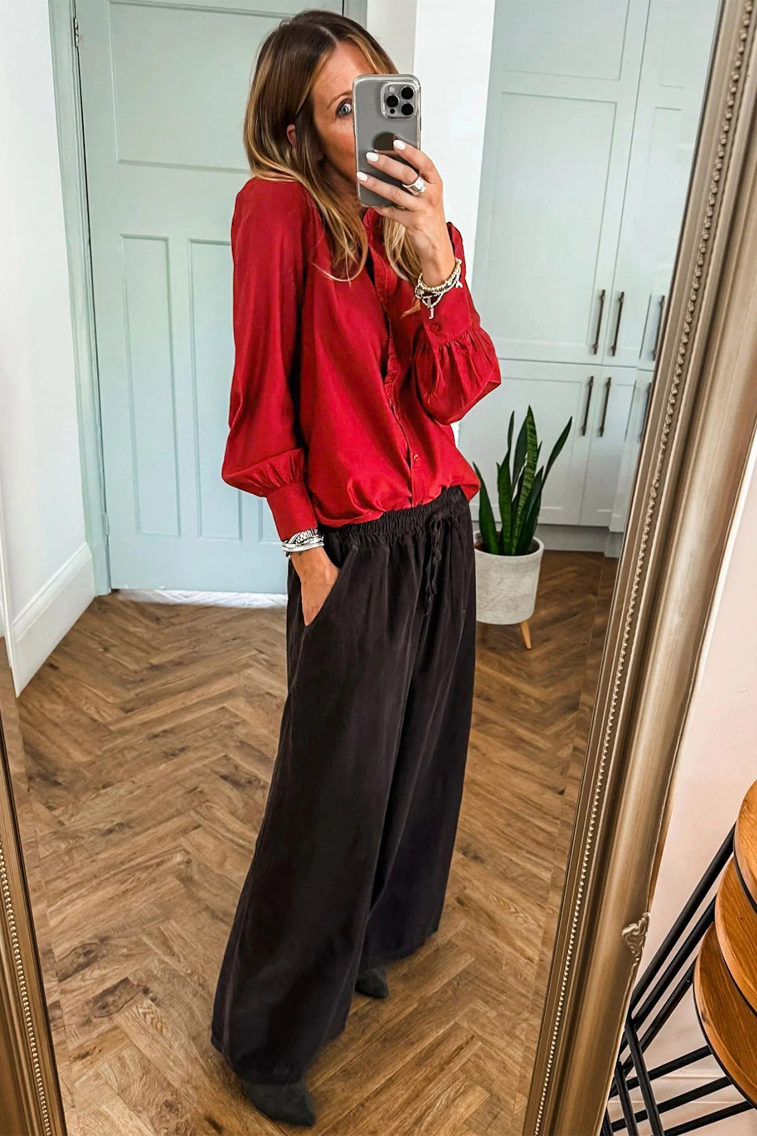 Fiery Red Frilled Trim Button Up Pleated Long Sleeve Shirt - loveforevers
