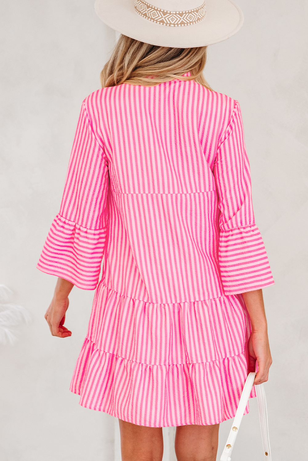 Pink Stripe Flare Sleeve Half Placket Tiered Flowy Mini Dress - loveforevers