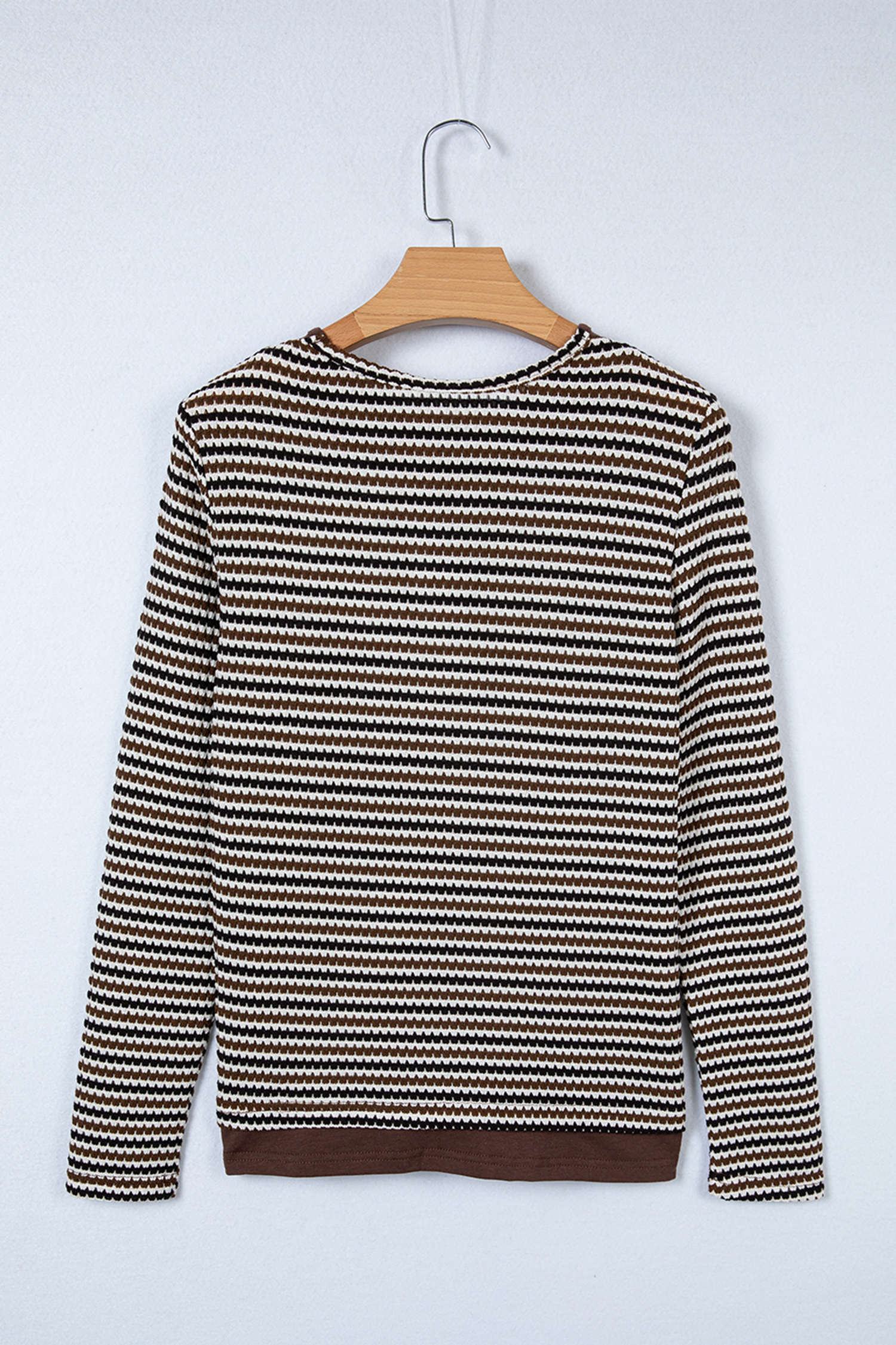 Brown Faux Two Piece Textured Striped Round Neck Long Sleeve T Shirt - loveforevers