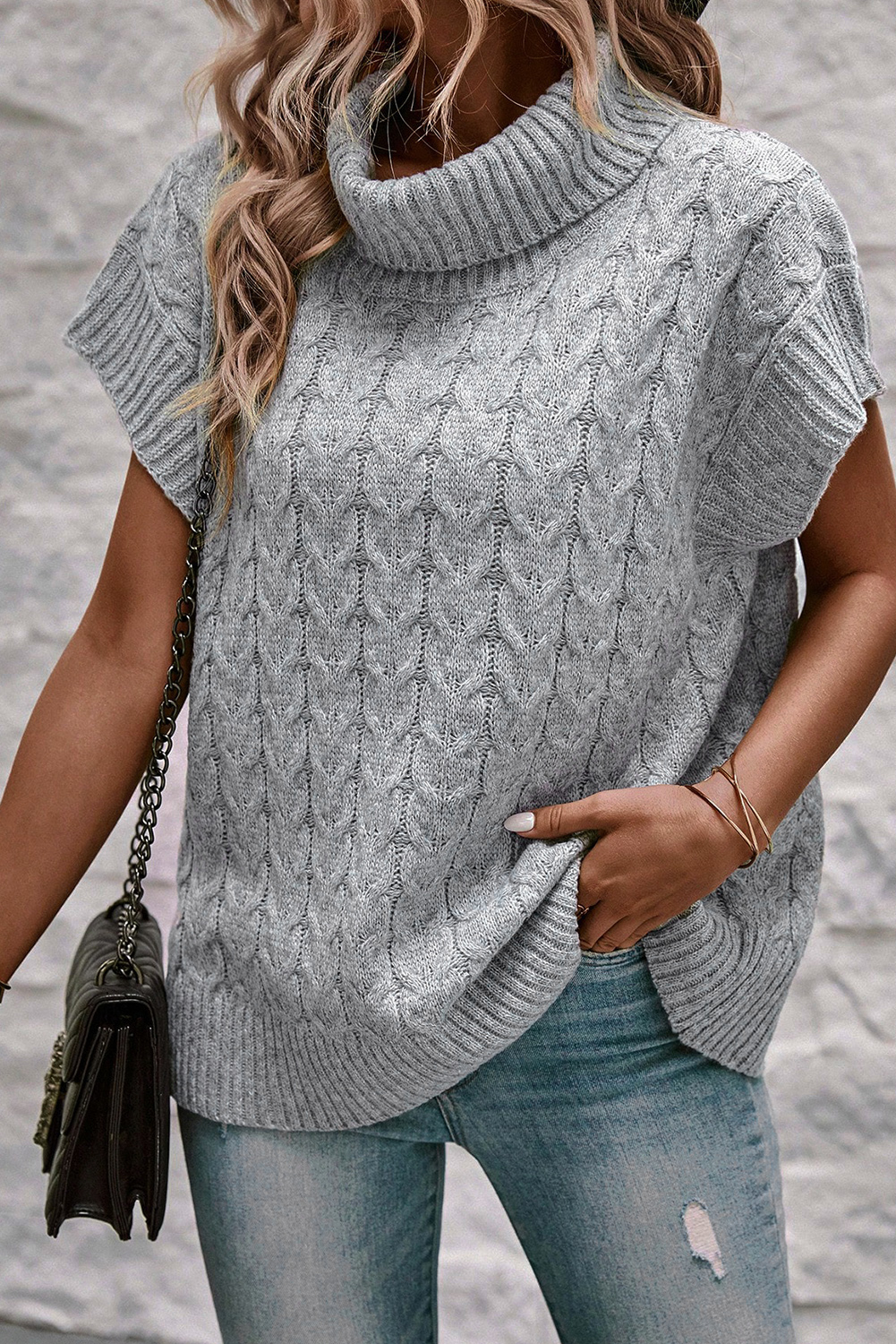 Medium Grey Cable Knit Turtleneck Batwing Sleeve Sweater - loveforevers