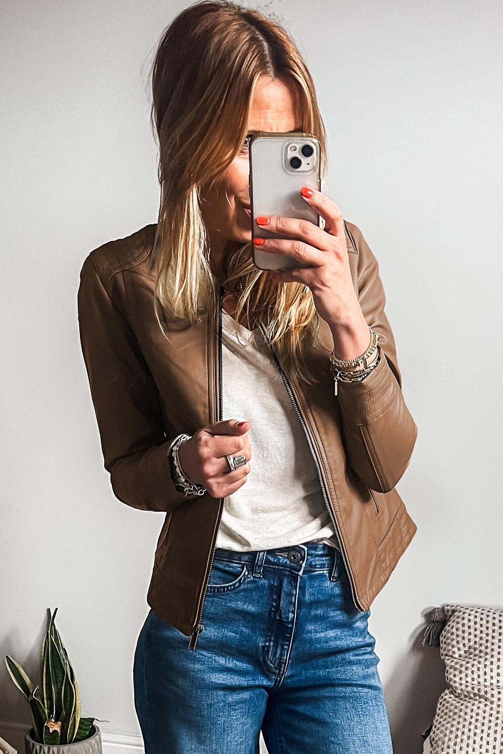 Chestnut Solid Faux Leather Zipper Slim Fit Bomber Jacket - loveforevers
