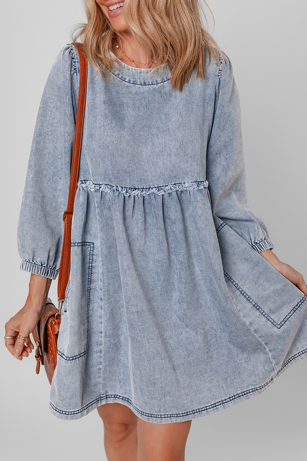 Beau Blue Light Wash High Waist Loose Fit Denim Mini Dress - loveforevers