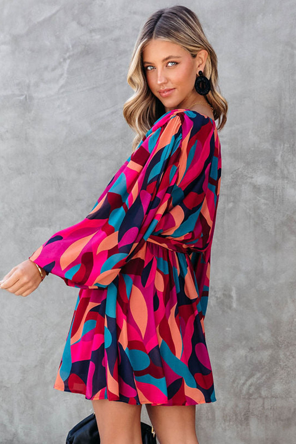Fiery Red Abstract Printed Belted Puff Sleeve Mini Dress - loveforevers
