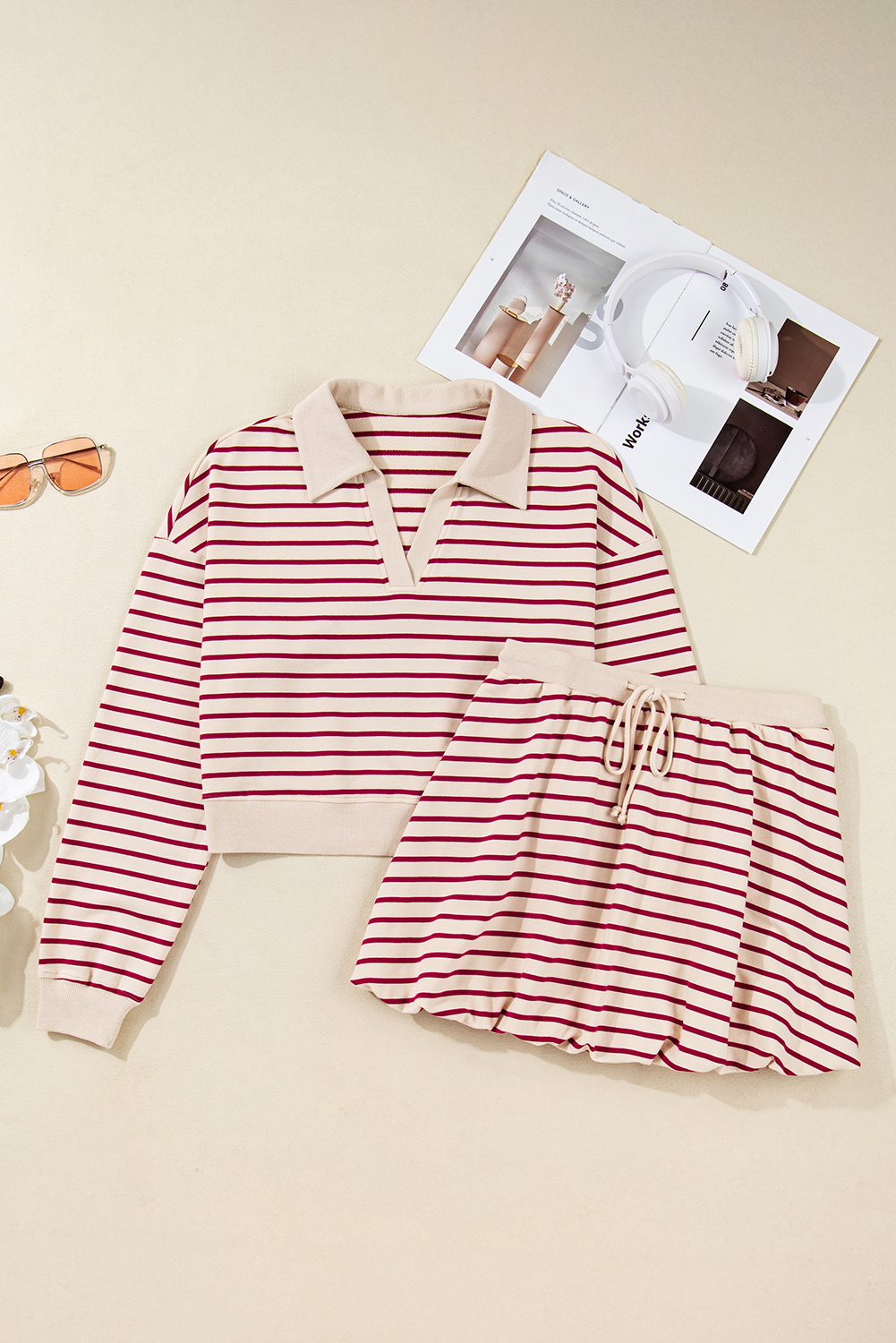 Red Stripe Cropped Collared Drop Shoulder Pullover and Bubble Mini Skirt Set - loveforevers