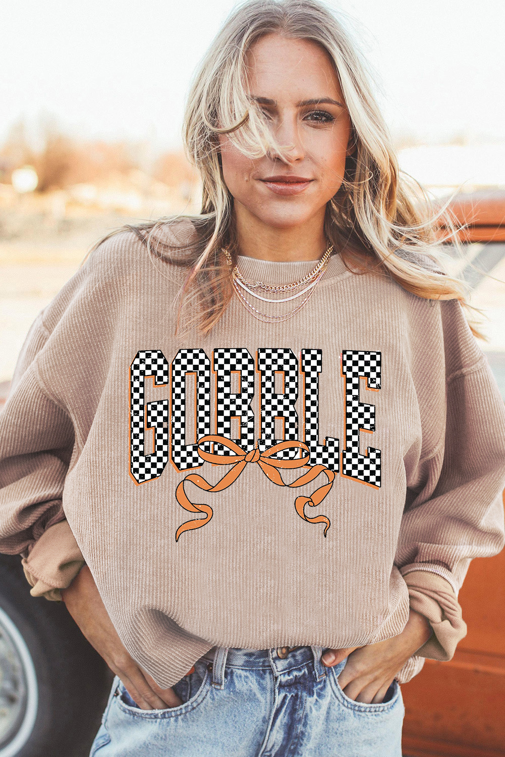 Apricot Twisted Ribbed Texture Checkered GOBBLE Bow Print Baggy Sweatshirt - loveforevers