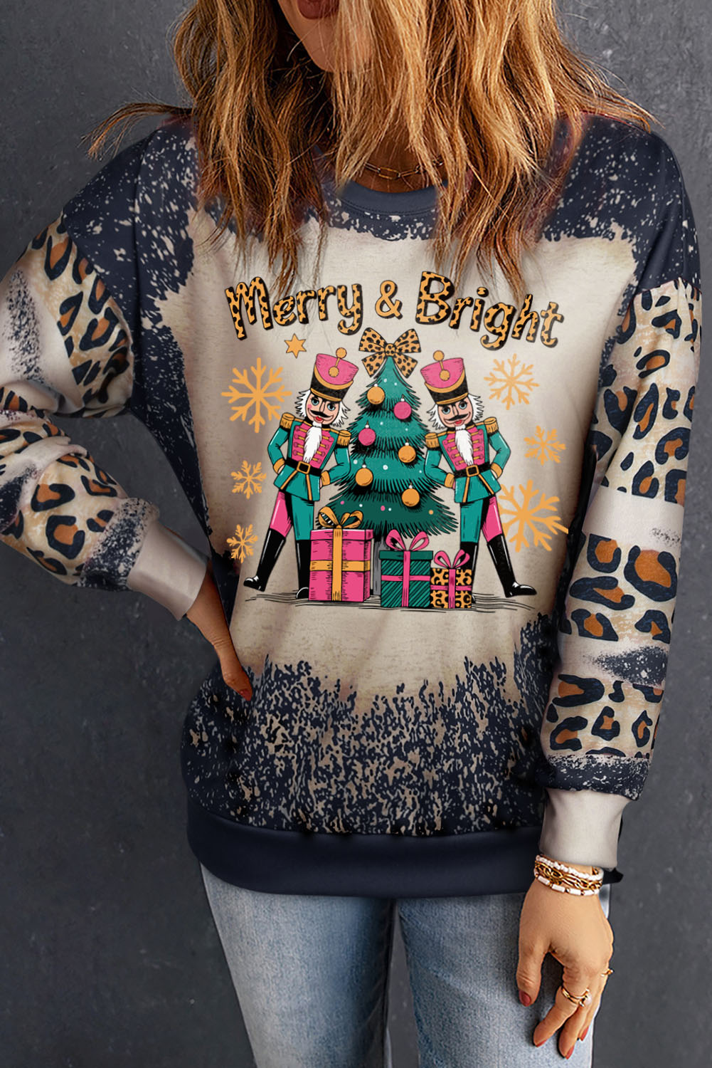 Black Merry&Bright Christmas Nutcracker Printed Leopard Tie Dye Bleached Baggy Sweatshirt - loveforevers