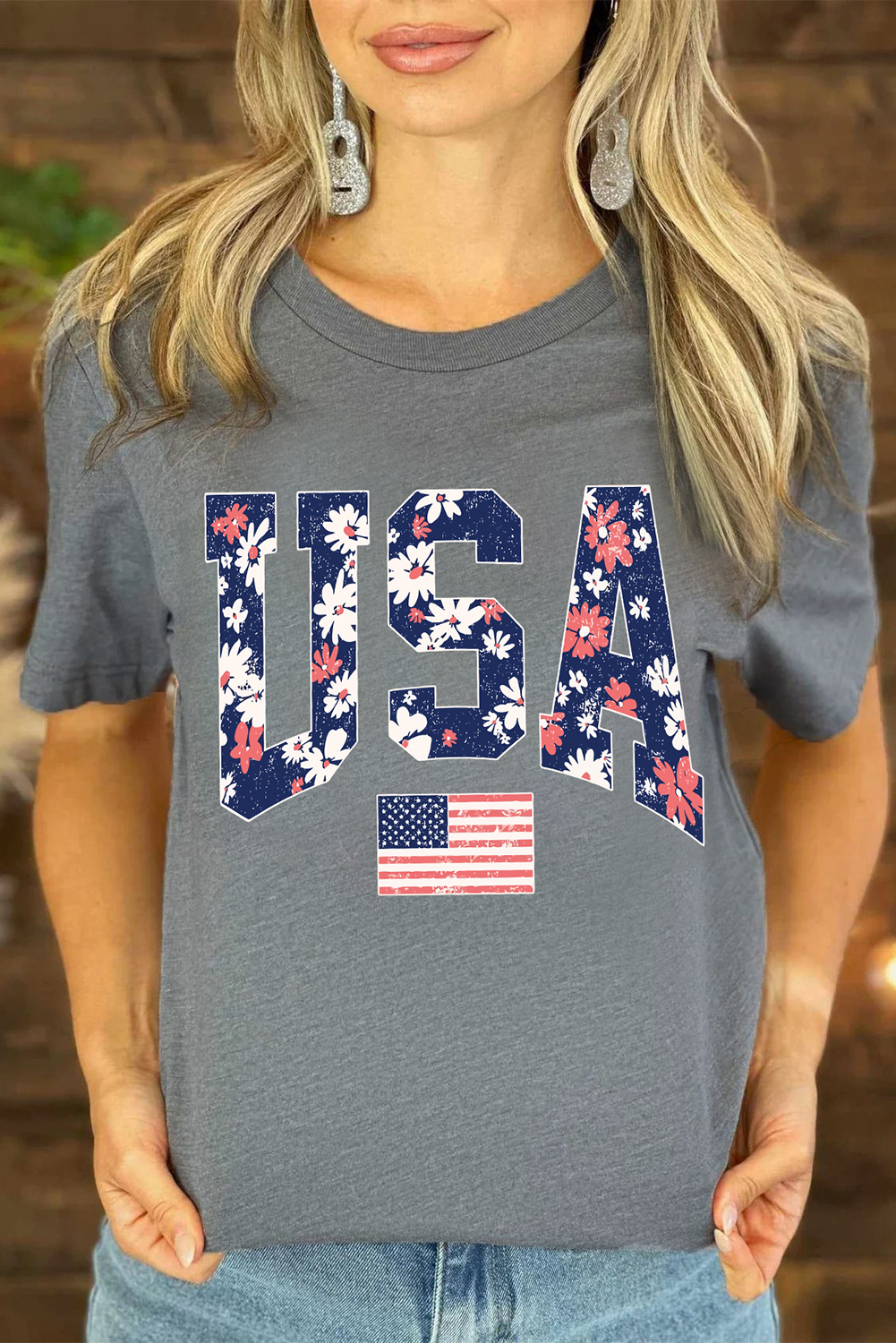 Gray Blooming USA Flag Print Casual T Shirt - loveforevers