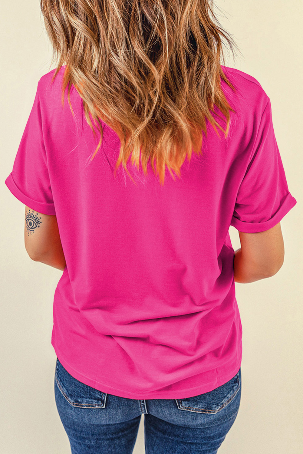 Rose Red Easter Rabbit Chenille Patched Pattern Crew Neck Tee - loveforevers