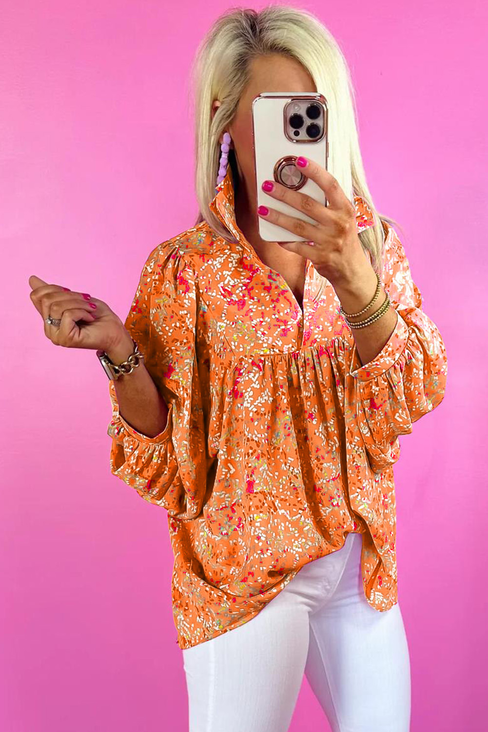 Bonbon Abstract Print Collared V Neck Babydoll Blouse - loveforevers