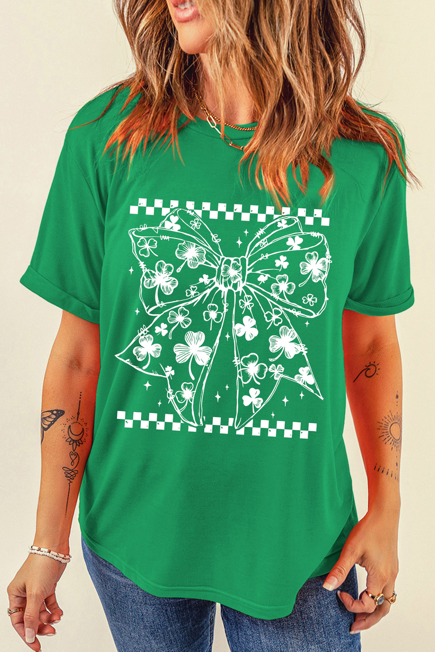 Bright Green Cute Clover Bow Checkered Detail Casual T Shirt - loveforevers
