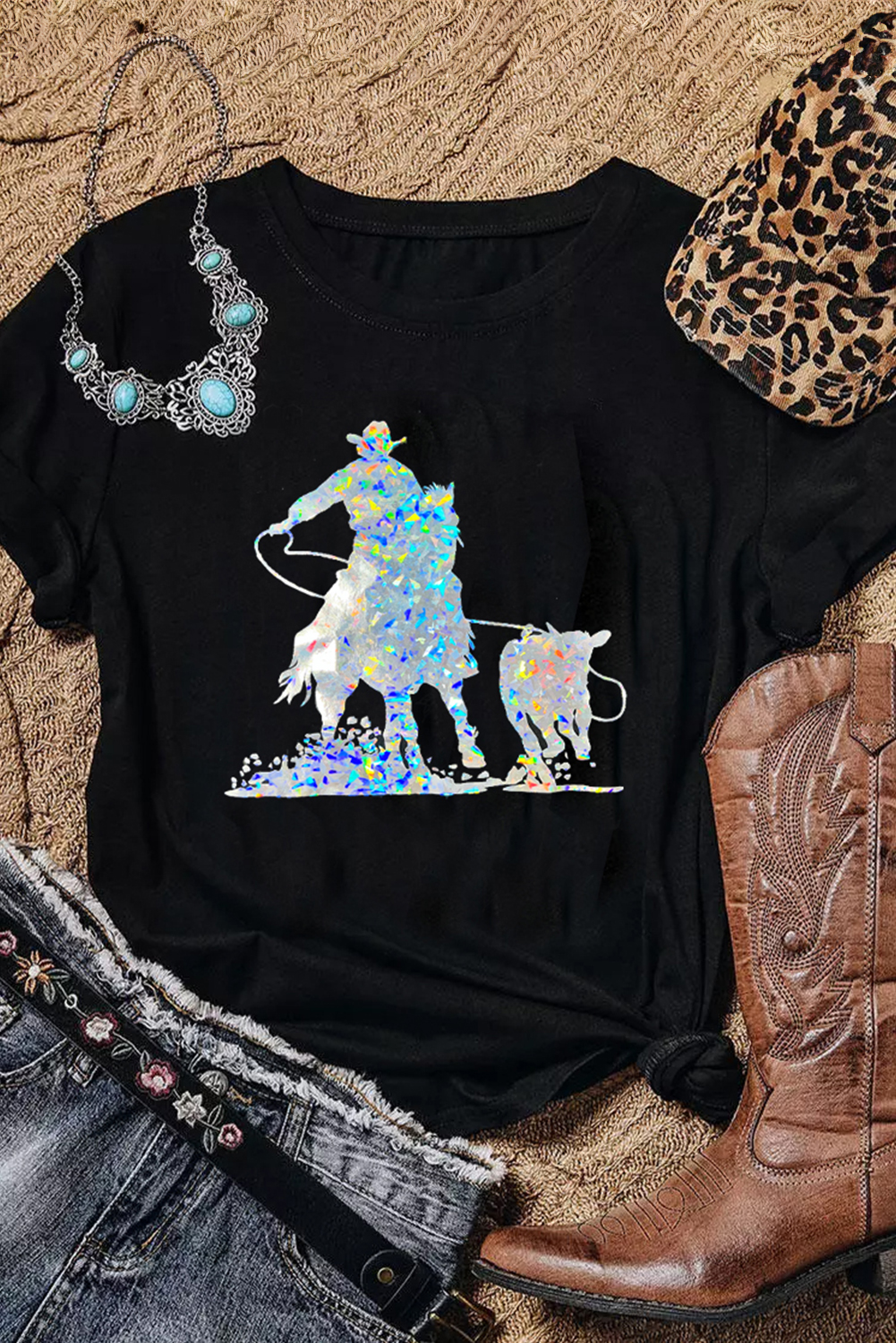 Black Laser Western Cowboy Graphic Crewneck Tee - loveforevers