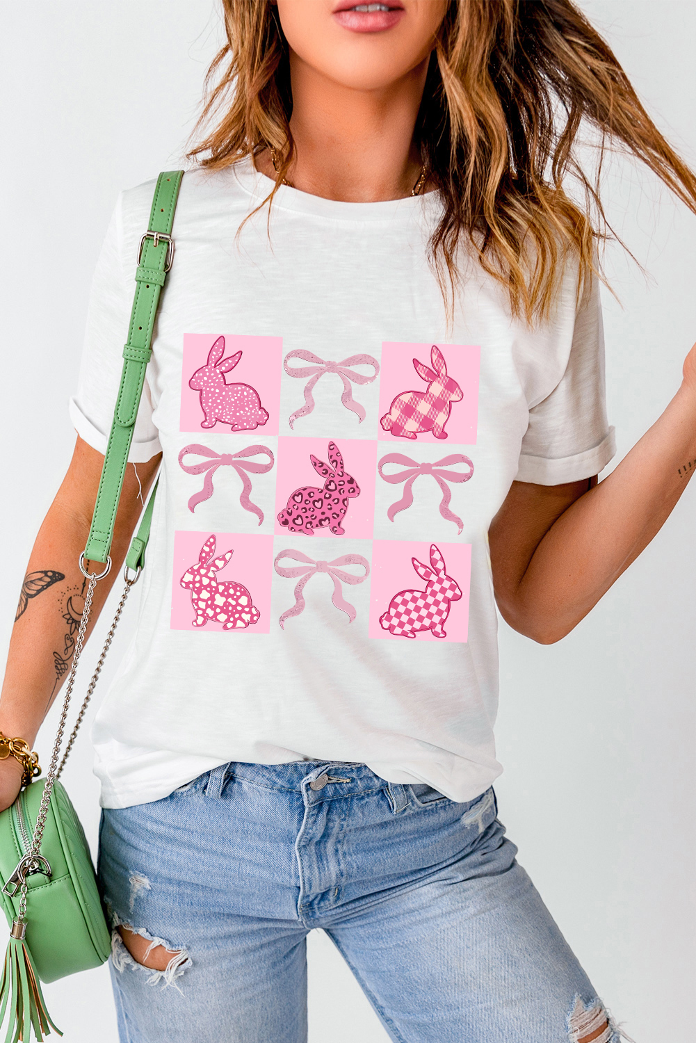 White Bunny Bowknot Graphic Easter Fashion T Shirt - loveforevers