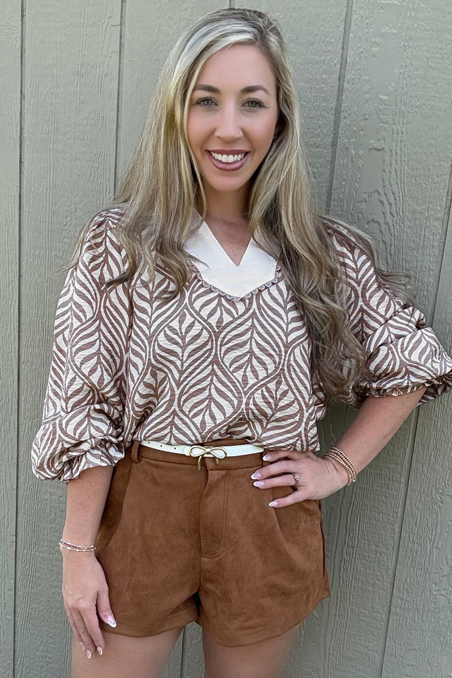 Brown Leaf Print Standing Collar Puff Sleeve Top - loveforevers