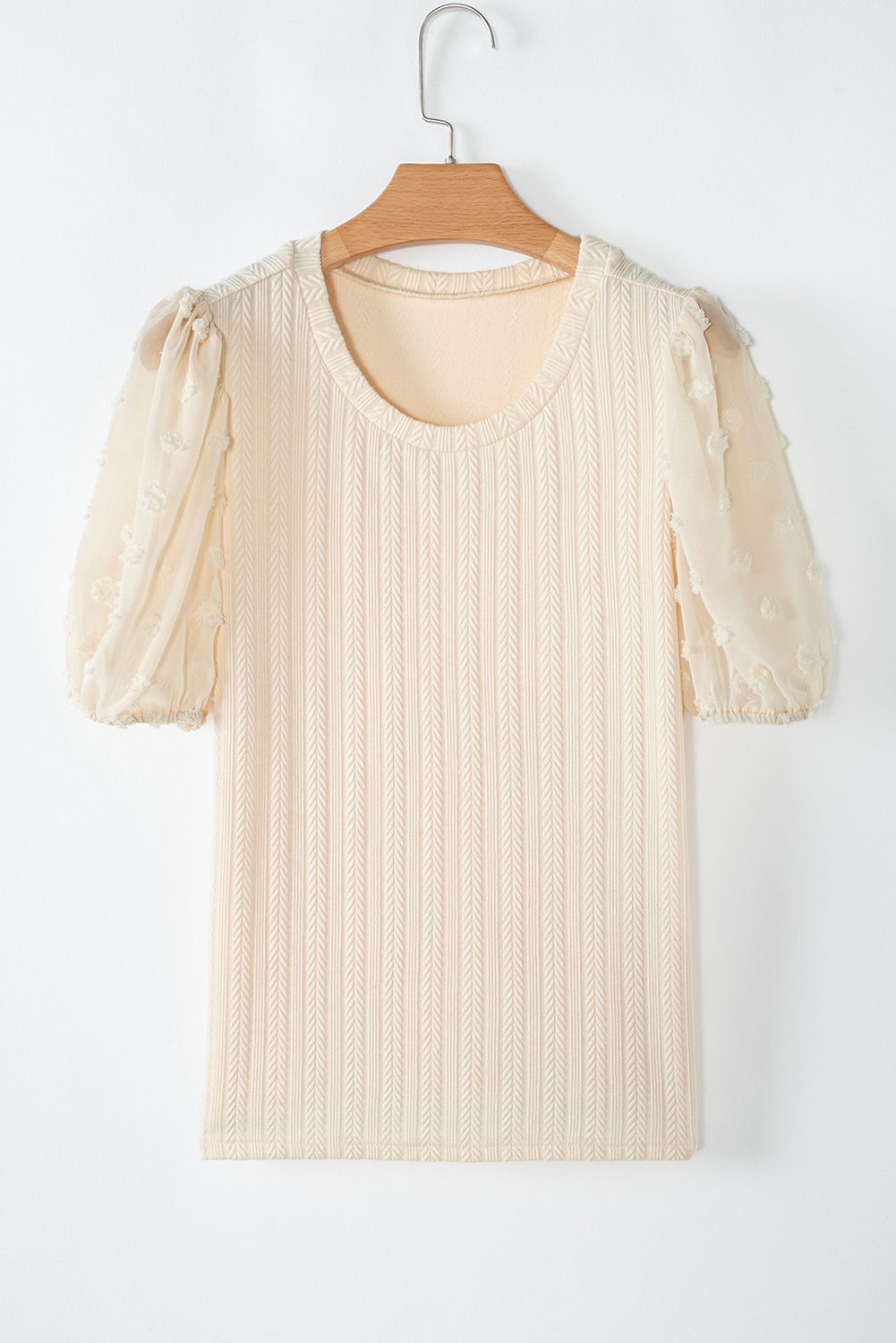 Apricot Polka Dot Mesh Puff Sleeve Textured Blouse - loveforevers