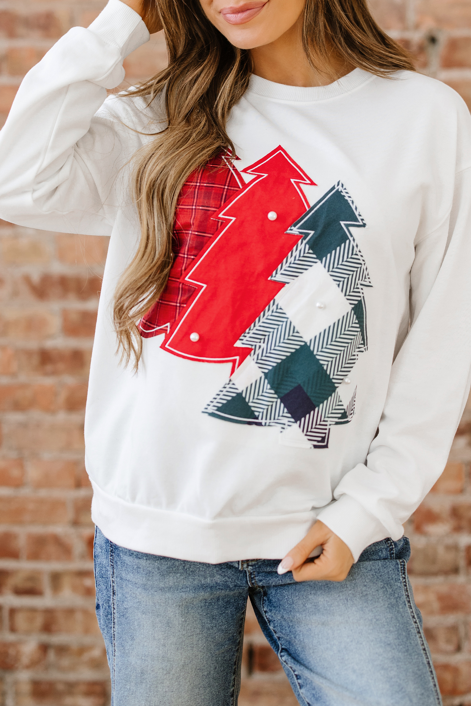 White Pearl Plaid Christmas Tree Patched Drop Shoulder Sweatshirt - loveforevers